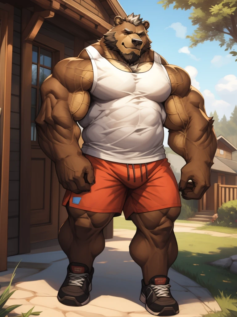 a potrait, full body, semirelistic:1.2, masterpiece, detailed face, muscular old grizzly bear in front house, old bear, thick arm, huge arm, huge brown fur, bearded. Grey hair and beard, bearded grey, muscular, huge pectoral, wide pectoral, realistic, 8k, masterpiece, (wearing shorts and white tank top:1.3, white shoes), smile