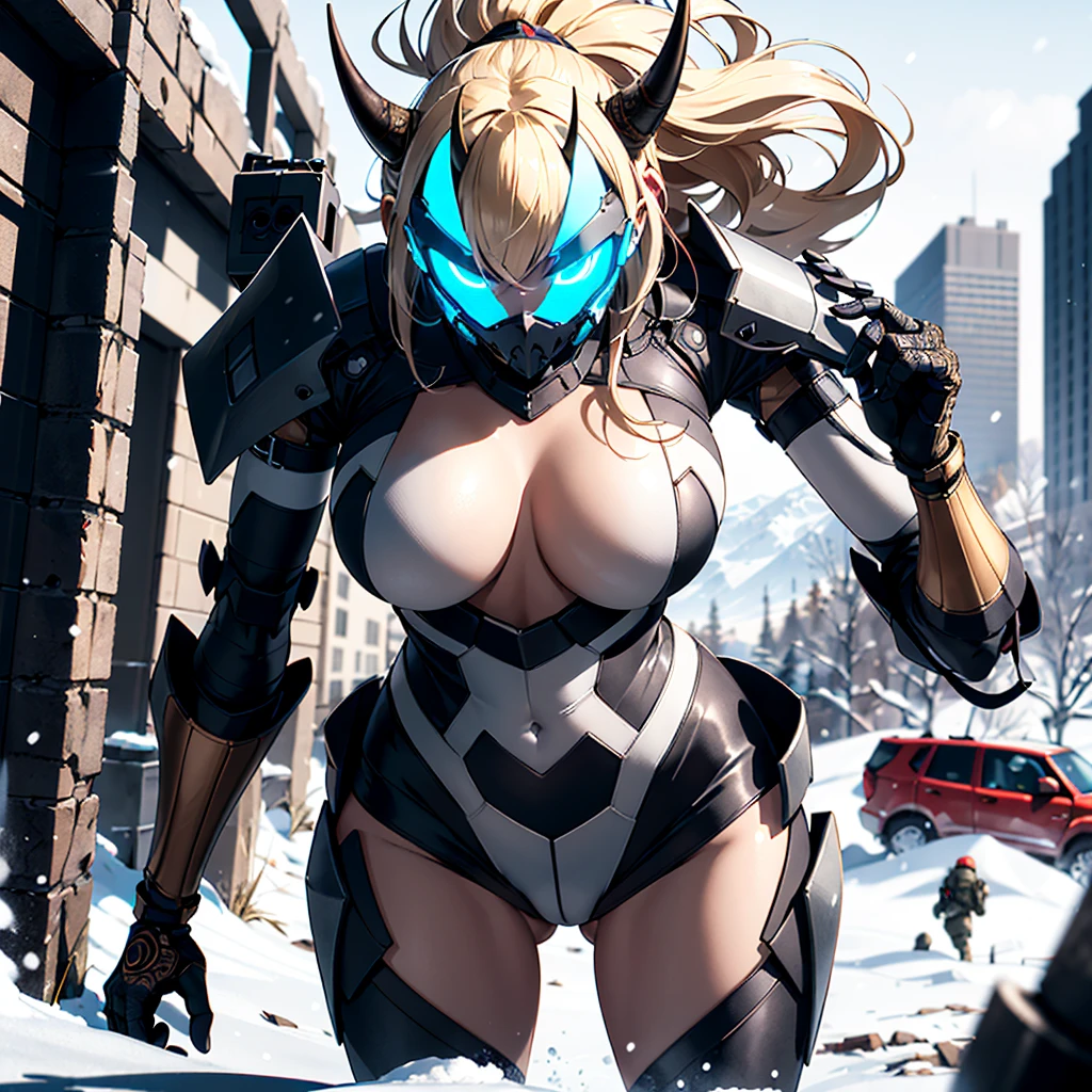 ((best quality)), ((masterpiece)), (detailed), 1girl, 8k_wallpaper, extremely detailed eyes, (large masterpiece digital art), (intricate details:1.3 ), (ultra-detailed:1.3), (sharp focus:1.3), (natural lighting:1.05), (vivid colors:1.3), (best quality:1.4), high quality, expressive eyes, full body, detailed face, beautiful face, perfect face, ((blonde hair)), (gold eyes), ((large blue horns)), {{dark skin}}, ({dark skinned female}), dressed in heavy combat steel cyber close armor of a dark red steel color, a military radio hanging on her belt, she is dressed in heavy steel closed-type cyber armor, a heavy armored cyber exoskeleton, powerful armor covers her entire body, she stands on a winter evening in the middle of the ruins of the old city next to a fantastic cyber military SUV against the backdrop of high snowy mountains, it is snowing,