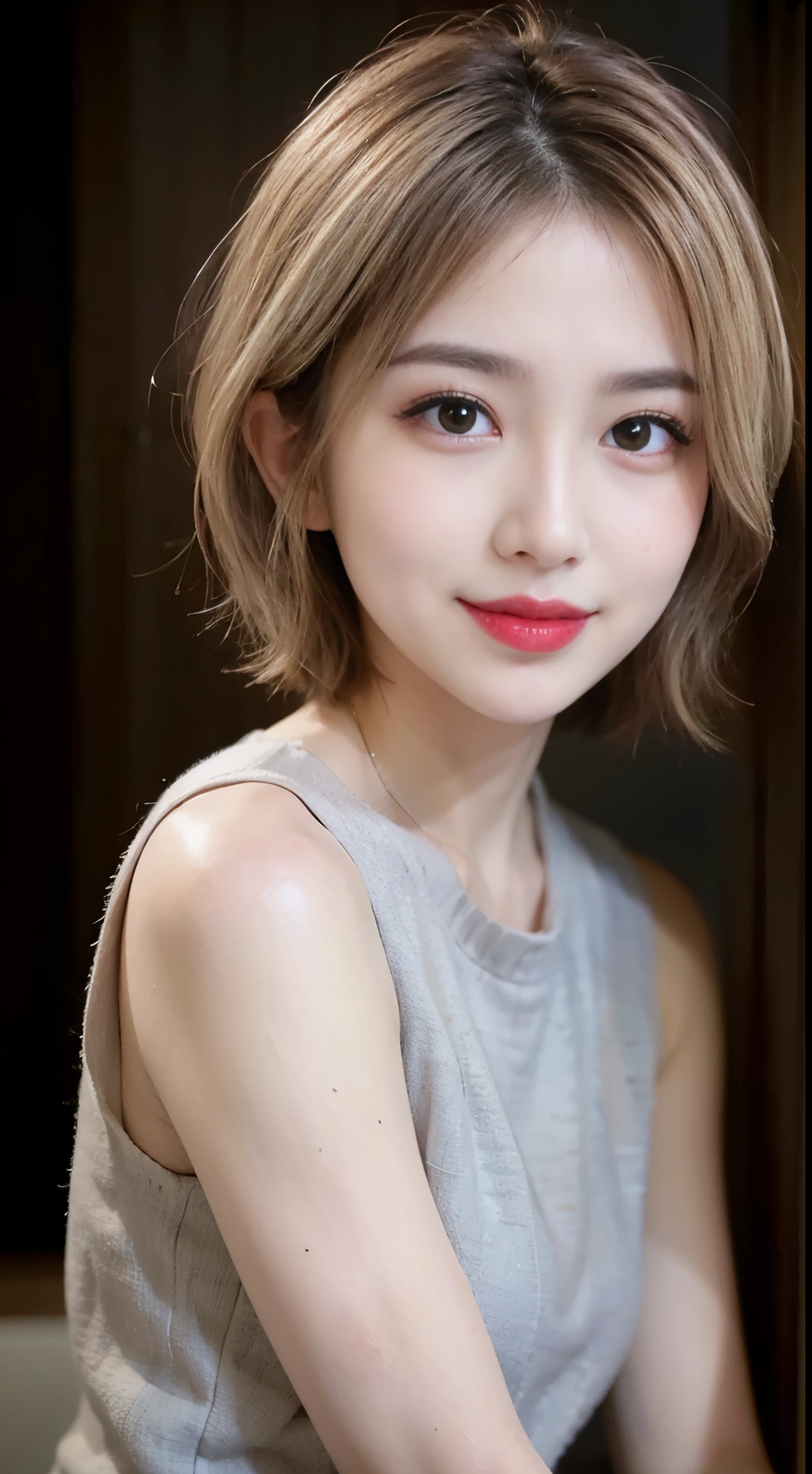 blush a little and smile, (Top quality masterpiece:1.2) Delicate illustrations, Very detailed, /Beautiful Japanese Women、1 person,Very cute and slim、Great style 、((8K images、super high quality))、Very delicate face, Skin and Hair、beautifule forehead、Red lipstick、(((((short hair、Blonde、lure))))),Very cute Japanese cut face、Eyes and nose are clearly visible、Kind eyes,((((Sleeveless fashion))))