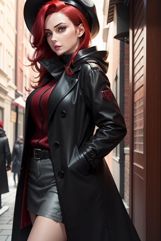 Make a 38-year-old woman look like a woman. Black overcoat and wine red details. redheadwear, and in anime style