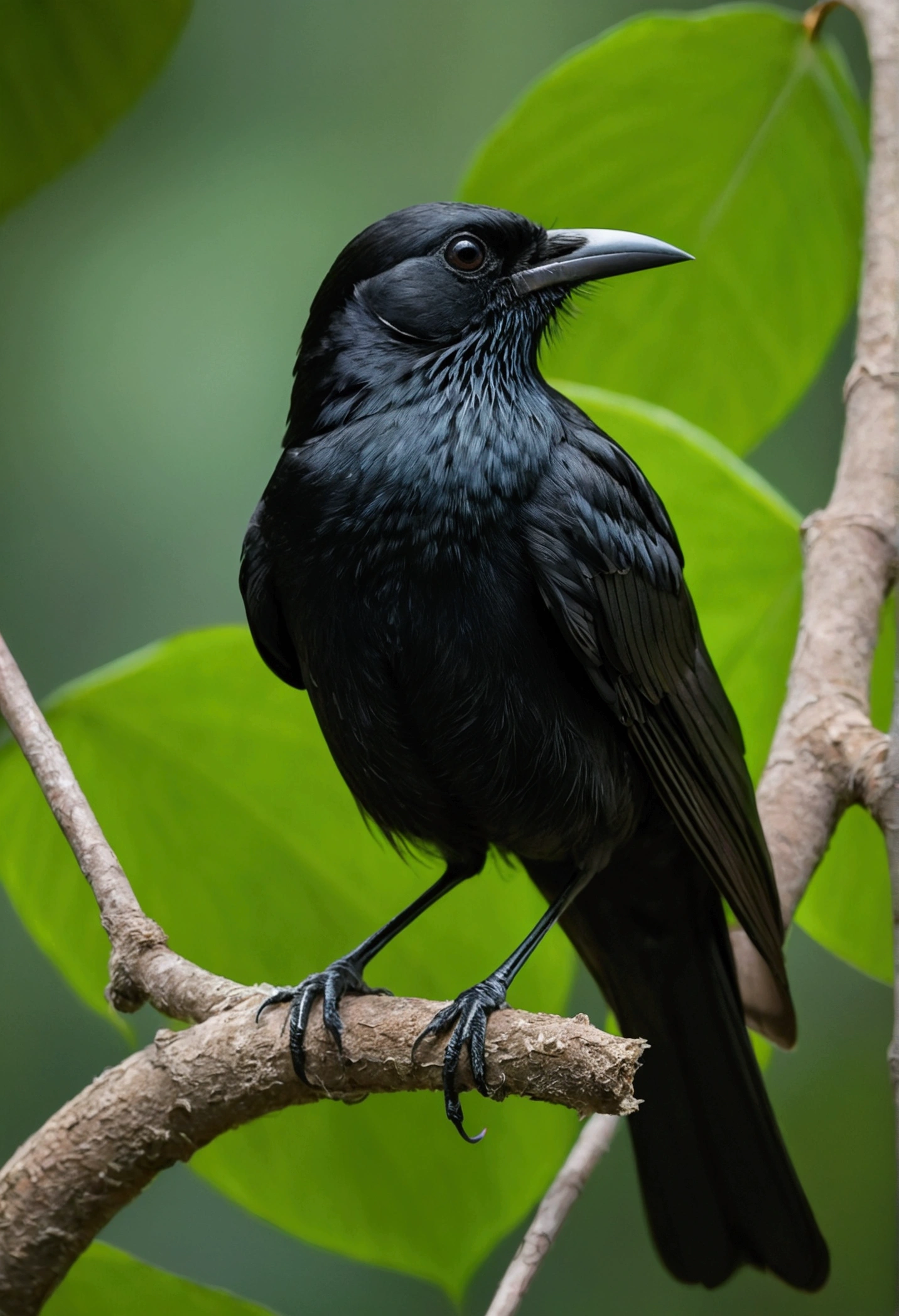 A captivating jungle scene shows a rare and mischievous-looking black bird perched on a curly branch, its long, elegant tail adorned with intricate horn-shaped structures and its feathers are striped. The bird, with its beautiful and graceful behavior, exudes an air of elegance and mystery. This high-quality nature photography, expertly captured by Sudip Roy using a Canon EOS R6, offers a stunning display of the bird's unique beauty and the lush, vibrant jungle environment