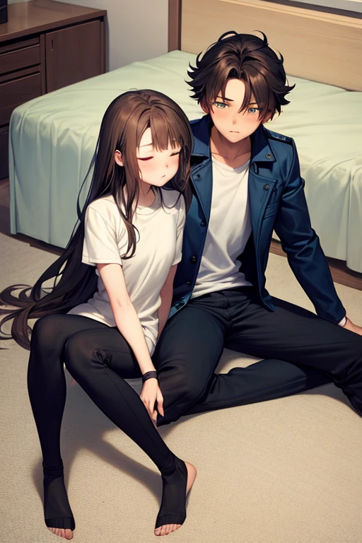 ((best quality)), ((masterpiece)), (detailed), a couple, a boy and a girl, 1 boy, full body, 19 years old, brown hair with white tips, somewhat long hair, bangs, green eyes, sleeping, tall and thin, thin, long beige trench coat, open trench coat, black fingerless gloves, white wristbands, white t-shirt with blue I-shaped emblem, letter I, black pants, 1 girl, full body, 19 years old, young adult, somewhat short, purple eyes, brown hair, somewhat wavy hair, long hair, lock of hair on forehead, asleep, blushing, scientist's coat, blue shirt, black pants, sitting on the floor, sleeping on the boy's shoulder, romantic moment, bedroom background, anime