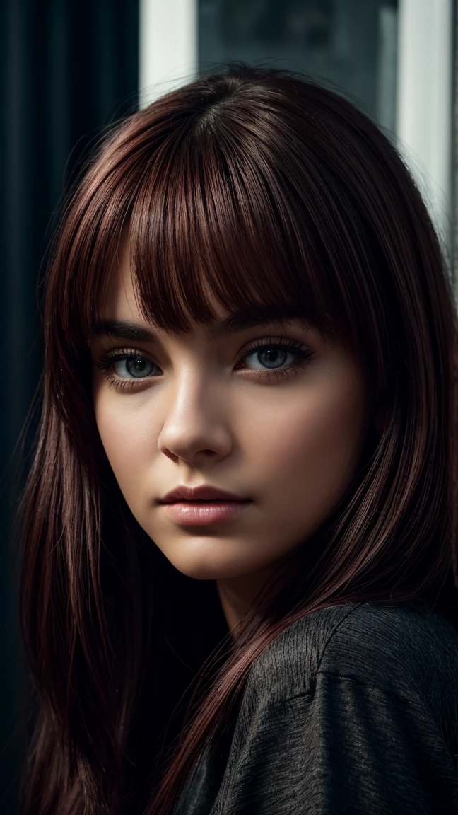 a young girl with delicate face, thick eyebrows, long red dyed hair with bangs, dark eyes, holding an iphone, big black nails, wearing a sweatshirt, (best quality,4k,8k,highres,masterpiece:1.2),ultra-detailed,(realistic,photorealistic,photo-realistic:1.37),detailed eyes,detailed lips,extremely detailed face,longeyelashes,cinematic lighting,cinematic colors,warm tones,intricate details

