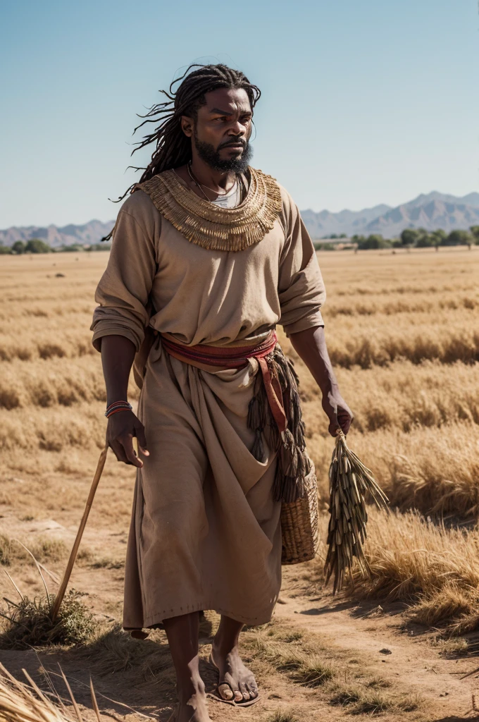 a man in a tribe in the 400s after Christ harvesting wheat