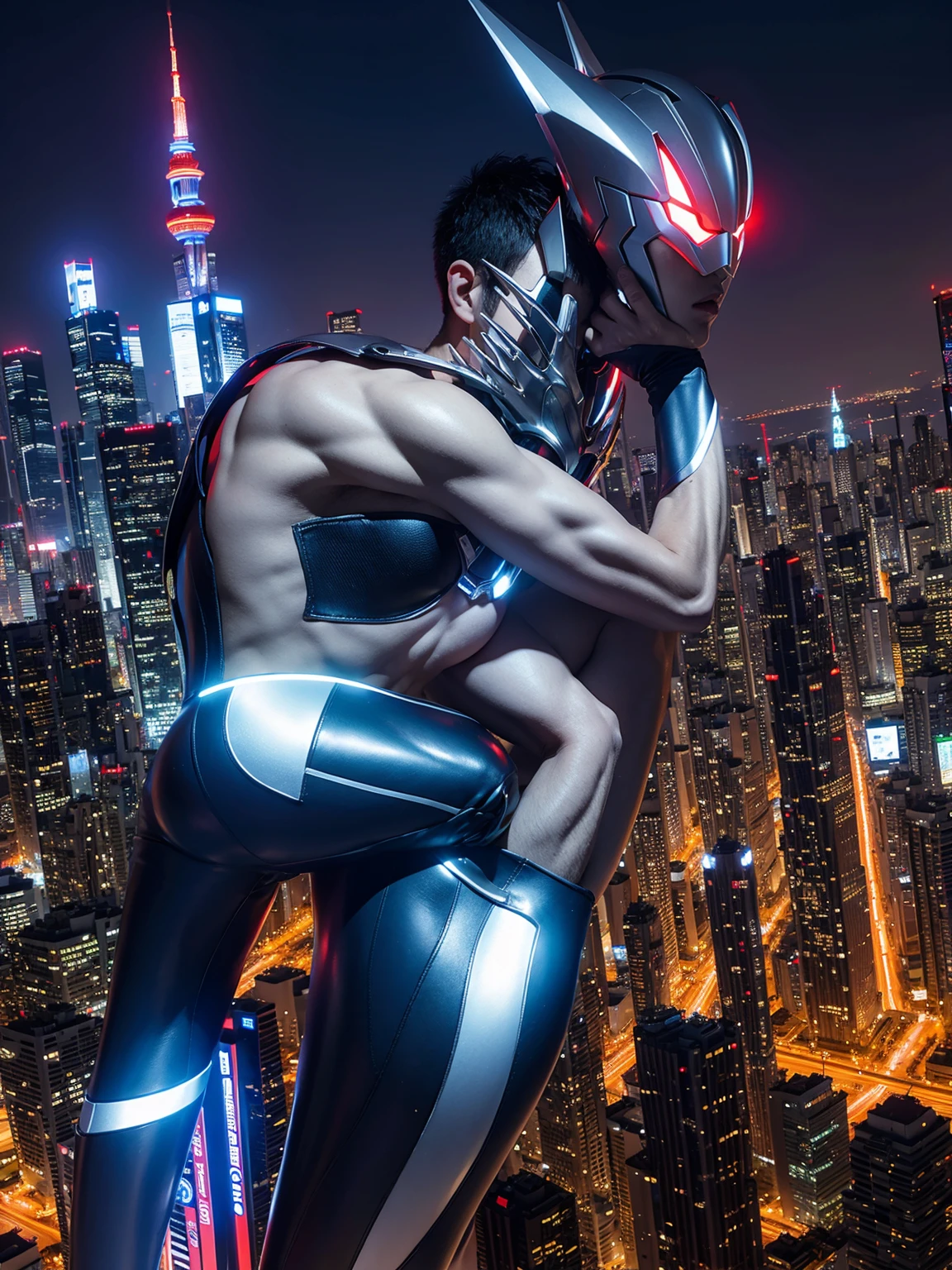 Ultraman Taro、Tokyo cityscape、Midnight、neon、A giant as tall as a building、Fighting Pose、slim、Muscular、Long limbs、Weapon、Bulging crotch、Gorgeous Body、Incitement、4K、Photorealistic、Portrait、male focus