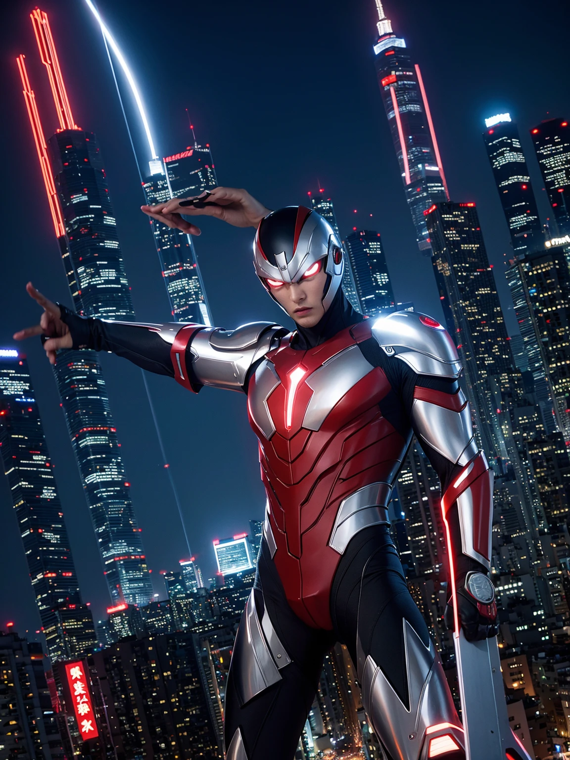 Ultraman Taro、Tokyo cityscape、Midnight、neon、A giant as tall as a building、Fighting Pose、slim、Muscular、Long limbs、Weapon、Bulging crotch、Gorgeous Body、Incitement、4K、Photorealistic、Portrait、male focus