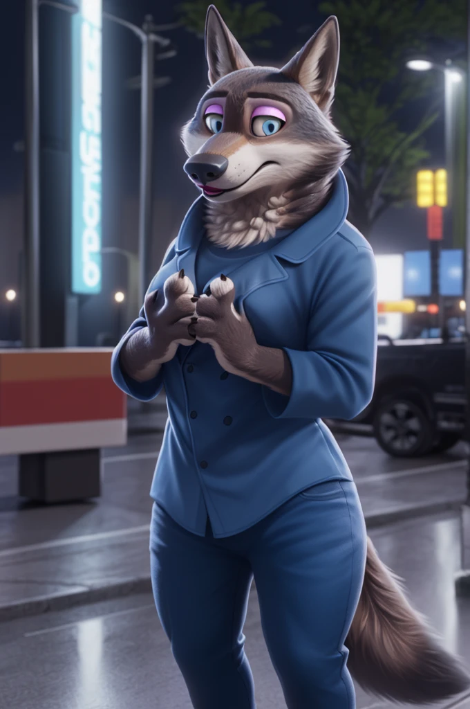 Emilia (Zootopia), wolf, Gray Fur, (brown body:1.3), Blue eyes, Zootopia, makeup,lipstick, dressed,blue blue jacket,shirt,blue pants,platform heel sandals, female breast,canine, Wolf, Detailed fur, Female, antro, paw pads, finger claws, At the viewer, 5 fingers, paws, 5 fingers,goes to a women's shoe store and chooses heels,mood,open mouth, flash cameras, loving husband,two children,close to the camera,holding high heel sandals, it's sitting,
BREAK from nextel, for dating, by xenoforge, (difficult, high detail, film photography, soft focus, RAW, fluororealism, realistic, photorealistic, digital style, Subsurface scattering,in a women's shoe store,
masterpiece, Best quality, ultra realistic, 8 k)