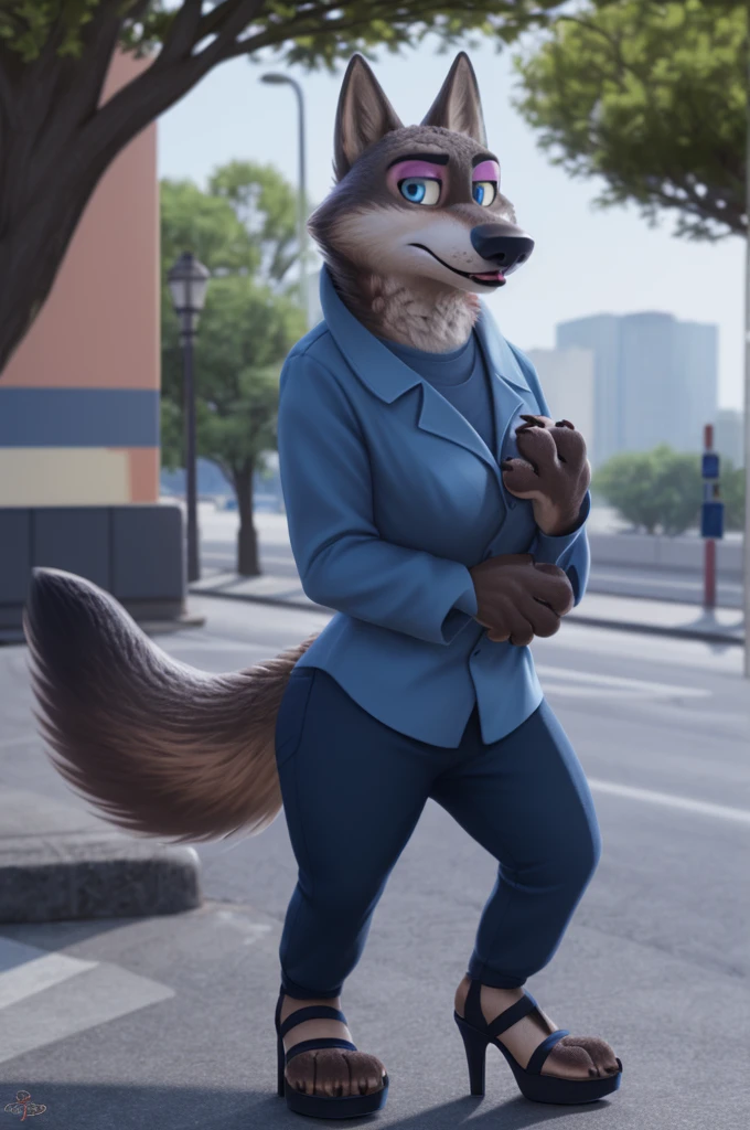 Emilia (Zootopia), wolf, Gray Fur, (brown body:1.3), Blue eyes, Zootopia, makeup,lipstick, dressed,blue blue jacket,shirt,blue pants,platform heel sandals,  female breast,canine, Wolf, Detailed fur, Female, antro, paw pads, finger claws, At the viewer, 5 fingers, paws, 5 fingers,goes to a women&#39;s shoe store and chooses heels,mood,open mouth, flash cameras, loving husband,two children,close to the camera,holding high heel sandals, it's sitting, 
BREAK from nextel, for dating, by xenoforge, (difficult, high detail, film photography, soft focus, RAW, fluororealism, realistic, photorealistic, digital style, Subsurface scattering,in a women&#39;s shoe store, 
masterpiece, Best quality, ultra realistic, 8 k)