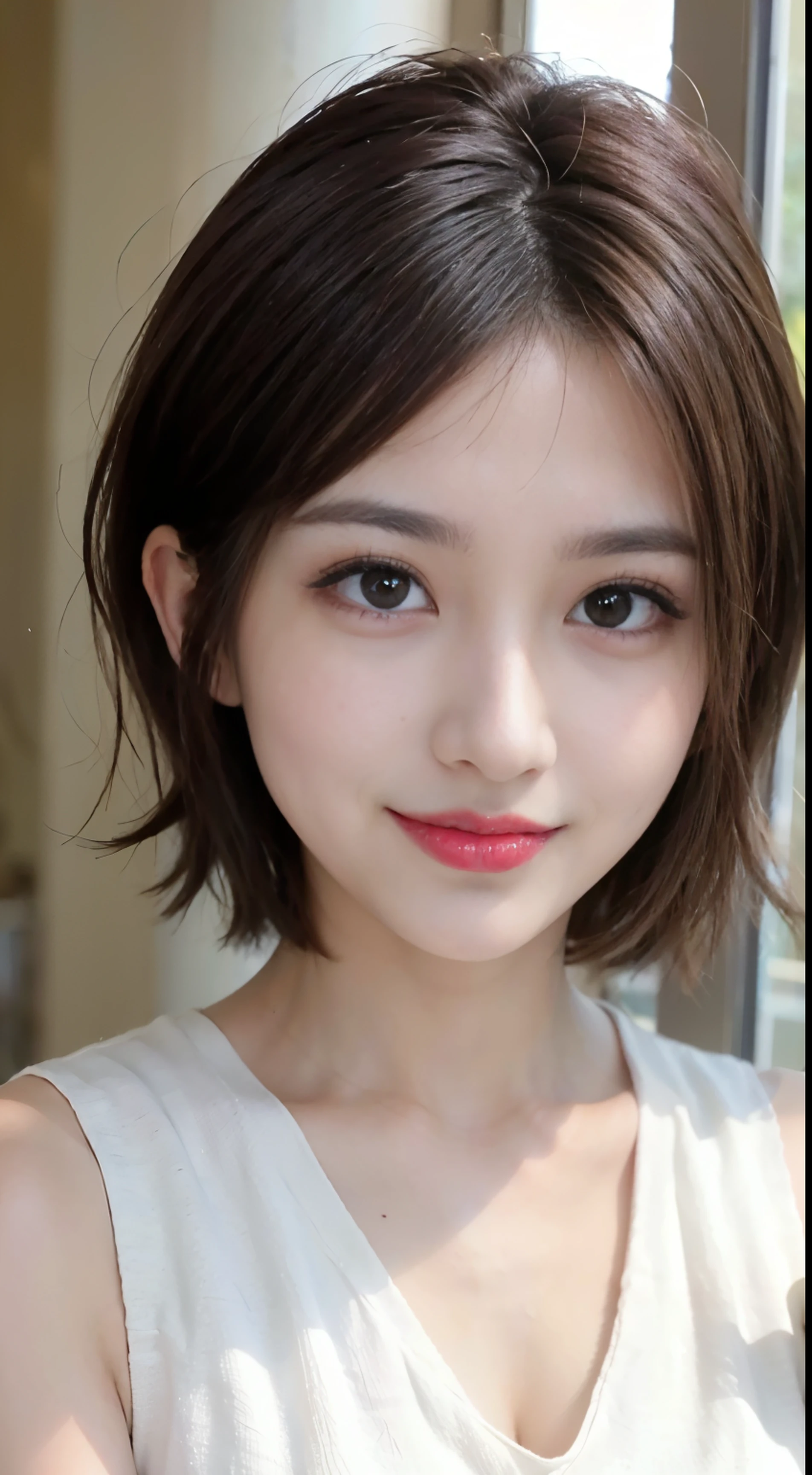 blush a little and smile, (Top quality masterpiece:1.2) Delicate illustrations, Very detailed, /Beautiful Japanese Women、1 person,Very cute and slim、Great style 、((8k images、super high quality))、Very delicate face, Skin and Hair、Big Breasts、beautifule forehead、Red lipstick、(((((short hair、Light brown hair、lure))))),Very cute Japanese cut face、Eyes and nose are clearly visible、Kind eyes,((((White sleeveless fashion))))