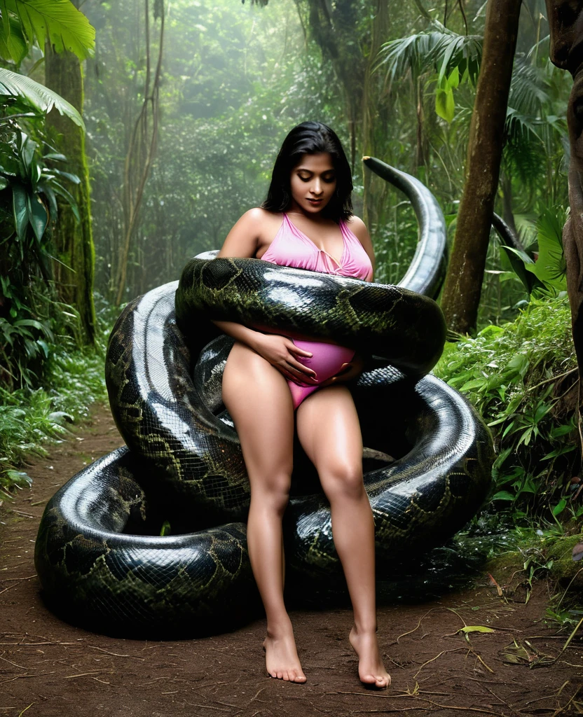 Pregnant pink thong wearing aroused horny beautiful happy young Indian teen girl vs  Giant colossal black anaconda monster wrapped around her body squeezing her in coiled embrace cuddling and kissing  sexual erotic ??????????  sex  realistic in the rainforest full body, best quality wet top quality perfect body 