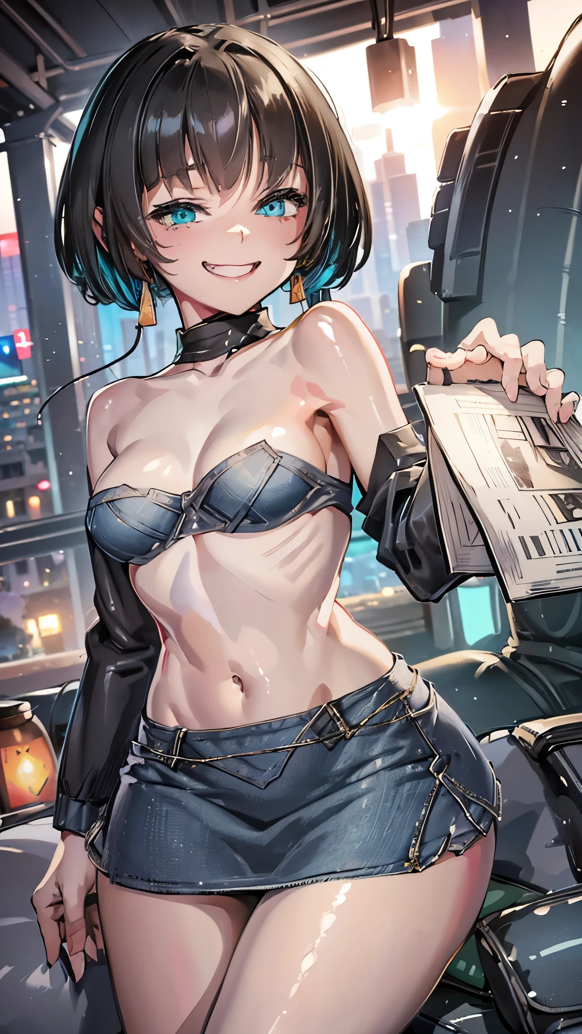 (8k、Best image quality、highest quality、masterpiece)、Detailed face、One girl、Black Hair、twintails、Light blue eyes、evil smile、((Grin))、Small breasts、((white knit))、Off the shoulder、Strapless、((denim pencilskirt))、((pantyhose))、Cowboy Shot、City Background