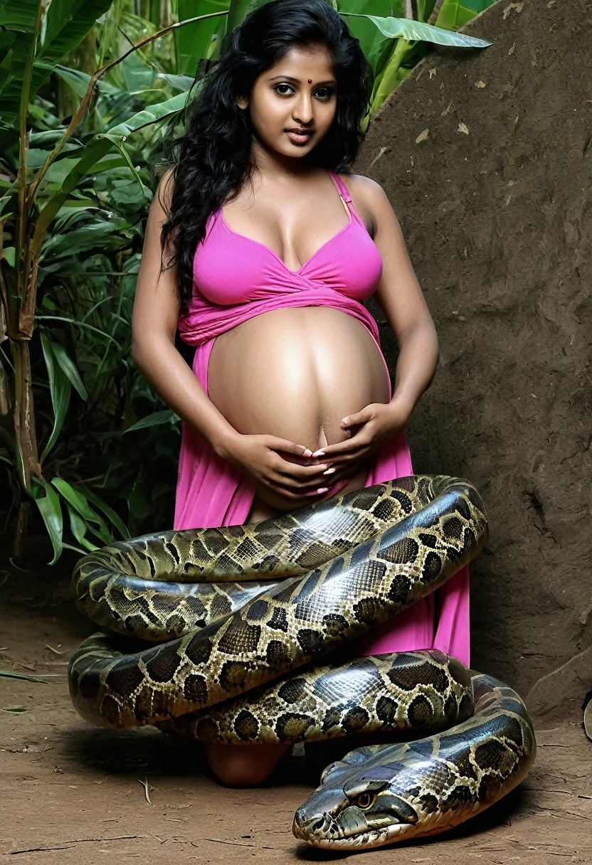 Pregnant pink thong  Happy Horny, aroused 1girl), beautiful kneeling Indian  young teen girl with  giant colossal Kaa monster squeezing her hard, wrapped in thick spiraling coils, constricted, struggle, gasping for air, snake attack, snake peril