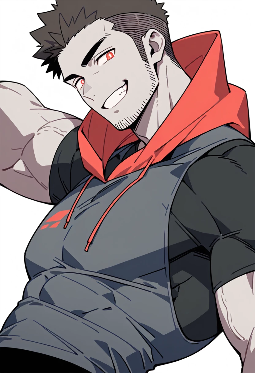 anime characters:Priapus, Black Grey Skin Muscle Sports Student, Manliness, male focus, Sports tight hooded sweatshirt, Under Armour Brand, Wear a high-necked tights underneath, Very tight, Huge pectoral muscles, muscular male, muscular, Perfect muscular waist, only, Upper body, alone, Red short hair, Thick eyebrows, stubble, Brown-red pupils, White background, simple background, amazing quality, best aesthetics, Ridiculous, crew cut, smirk, bright pupils, grin, negative space, negative space, best quality