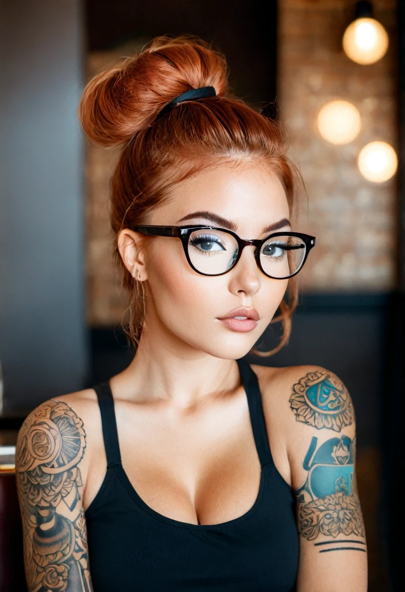 Analog photography, (Seductively gazing beauty at coffee shop:1.2), Symmetrical composition, Revealing cleavage, (Intricate shoulder tattoo), (Confident pose:1.3), Cozy cafe background, Engaging eyes, Soft ambiance, Captured with a Hasselblad H6D-100c, 100mm f/2.2 lens, High definition clarity, Intense allure, redhead, brown eyes, tube top, messy bun,curvy body, (rimmed eyeglasses),Victoria's secret photoshoot,