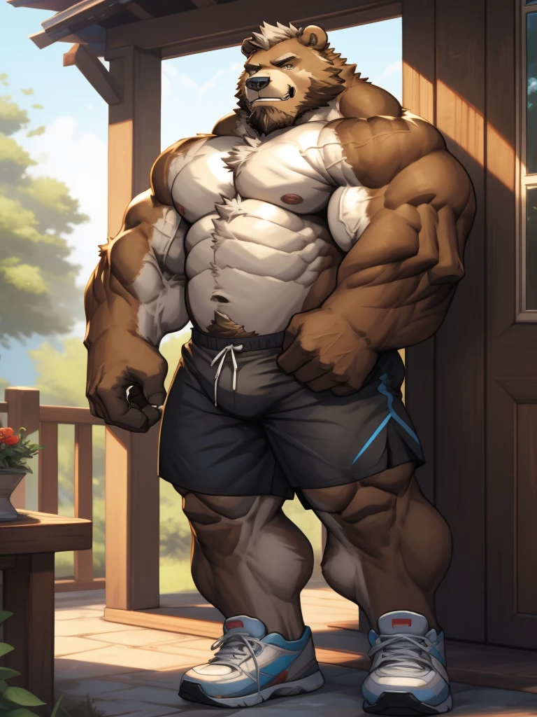 a potrait, full body, semirelistic:1.2, masterpiece, detailed face, muscular old grizzly bear in front house, old bear, thick arm, huge arm, huge brown fur, bearded. Grey hair and beard, bearded grey, muscular, huge pectoral, wide pectoral, realistic, 8k, masterpiece, (wearing shorts, shirtless and topless:1.3, white shoes), smile