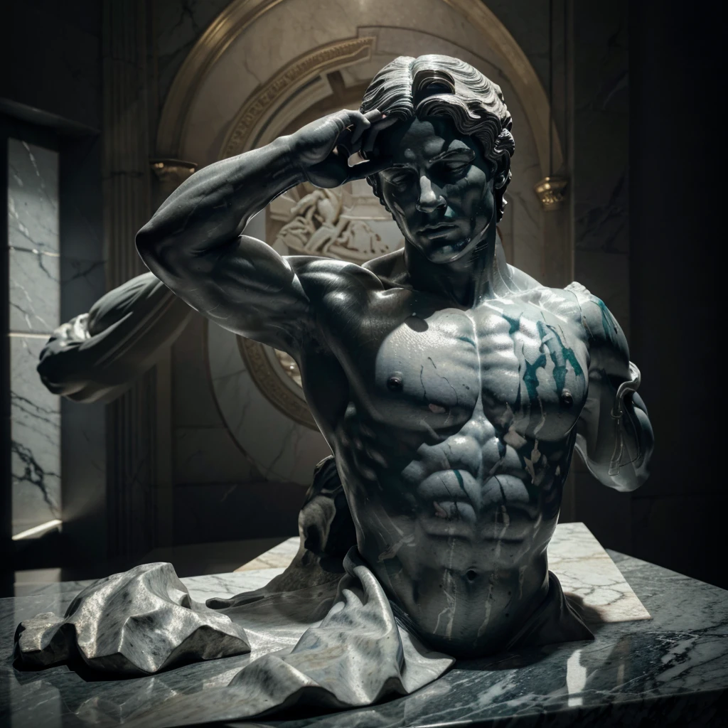 a marble greek statue of a male figure in a facepalm pose, highly detailed, photorealistic, cinematic lighting, dramatic shadows, intricate facial features, chiseled muscles, realistic skin texture, moody atmosphere, dramatic lighting, elegant draping of robes, (best quality,8k,highres,masterpiece:1.2),ultra-detailed,realistic,photorealistic,photo-realistic:1.37