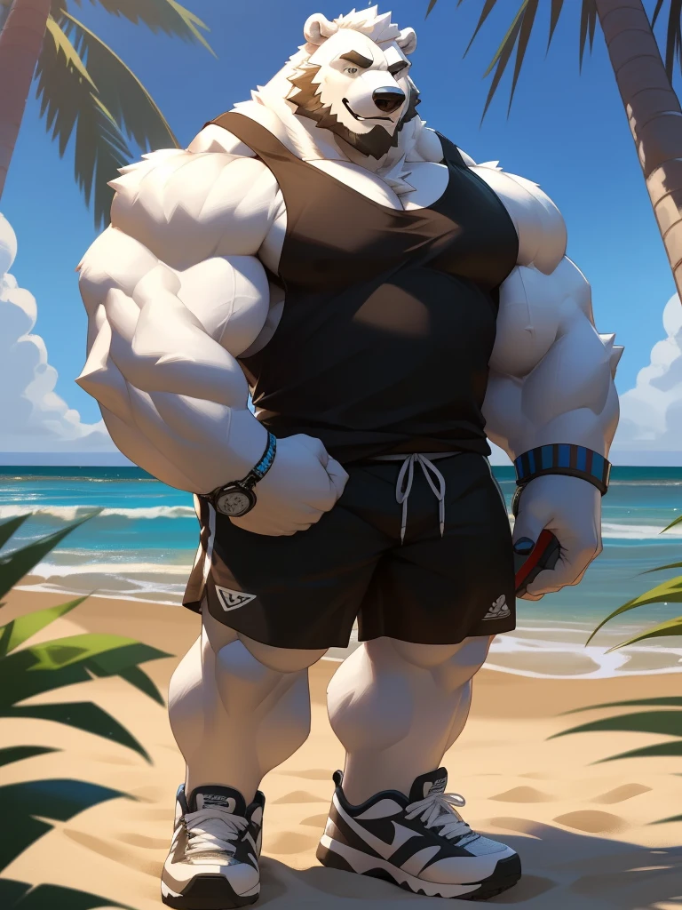 huge muscular polar bear in L.A. beach, big smile, polar bear, huge white fur, thick arm, huge arm, bearded. white hair and beard, bearded, (muscular, pectoral, wide pectoral, thick arms), beach, palm, realistic, 8k, masterpiece, (wearing black shorts, wristband, watch, blue tank top and white shoes)