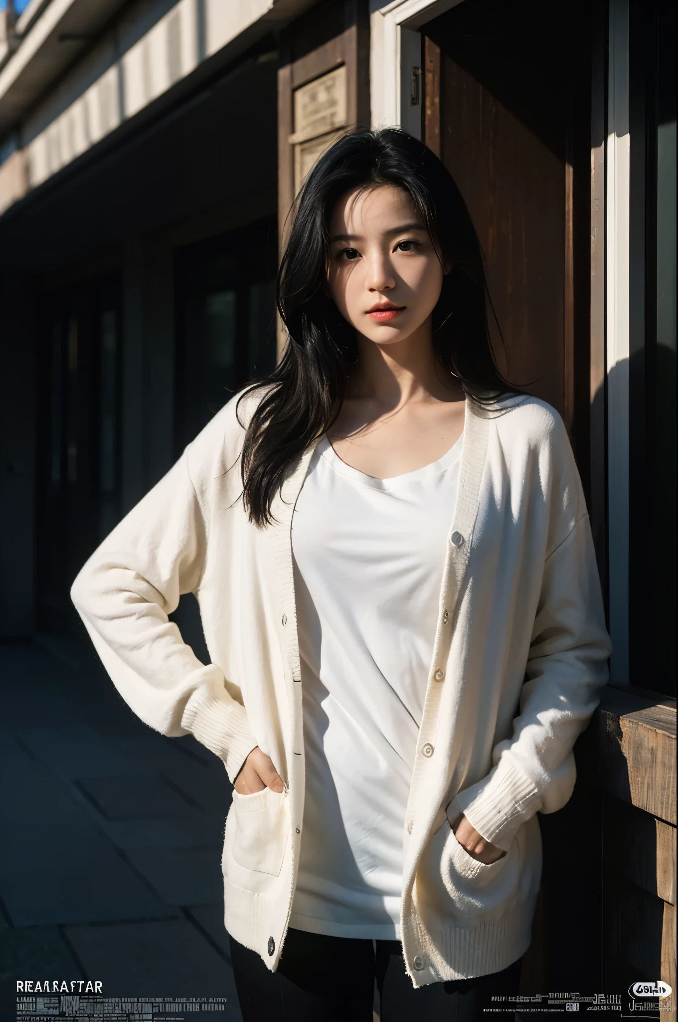 masterpiece, best quality, ultra high resolution (realism: 1.4), original photo, 35mm lens., F1 aperture.4, movie poster, light and shadow, female, white cardigan, long black hair, real skin, (skin detail: 1.3),