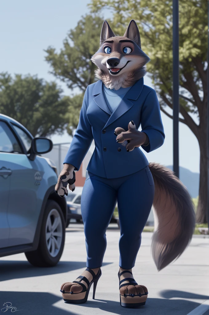 Emilia (Zootopia), wolf, Gray Fur, (brown body:1.3), Blue eyes, Zootopia, makeup,lipstick, dressed,blue blue jacket,shirt,blue pants,platform heel sandals,  female breast,canine, Wolf, Detailed fur, Female, antro, paw pads, finger claws, At the viewer, 5 fingers, paws, 5 fingers,goes to a women&#39;s shoe store and chooses heels,mood,open mouth, flash cameras, loving husband,two children,close to the camera,holding high heel sandals, 
BREAK from nextel, for dating, by xenoforge, (difficult, high detail, film photography, soft focus, RAW, fluororealism, realistic, photorealistic, digital style, Subsurface scattering,in a women&#39;s shoe store, 
masterpiece, Best quality, ultra realistic, 8 k)