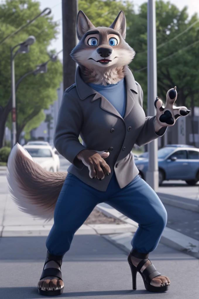 Emilia (Zootopia), wolf, Gray Fur, (brown body:1.3), Blue eyes, Zootopia, makeup,lipstick, dressed,blue blue jacket,shirt,blue pants,platform heel sandals, female breast,canine, Wolf, Detailed fur, Female, antro, paw pads, finger claws, At the viewer, 5 fingers, paws, 5 fingers,goes to a women's shoe store and chooses heels,mood,open mouth, flash cameras, loving husband,two children,close to the camera,holding high heel sandals,
BREAK from nextel, for dating, by xenoforge, (difficult, high detail, film photography, soft focus, RAW, fluororealism, realistic, photorealistic, digital style, Subsurface scattering,in a women's shoe store,
masterpiece, Best quality, ultra realistic, 8 k)
