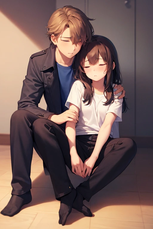 ((best quality)), ((masterpiece)), (detailed), a couple, a boy and a girl, 1 boy, full body, 19 years old, brown hair with white tips, somewhat long hair, bangs, green eyes, sleeping, tall and thin, thin, long beige trench coat, open trench coat, black fingerless gloves, white wristbands, white t-shirt with blue I-shaped emblem, letter I, black pants, 1 girl, full body, 19 years old, young adult, somewhat short, purple eyes, brown hair, somewhat wavy hair, long hair, lock of hair on forehead, asleep, blushing, scientist's coat, blue shirt, black pants, sitting on the floor, sleeping on the boy's shoulder, romantic moment, bedroom background, anime
