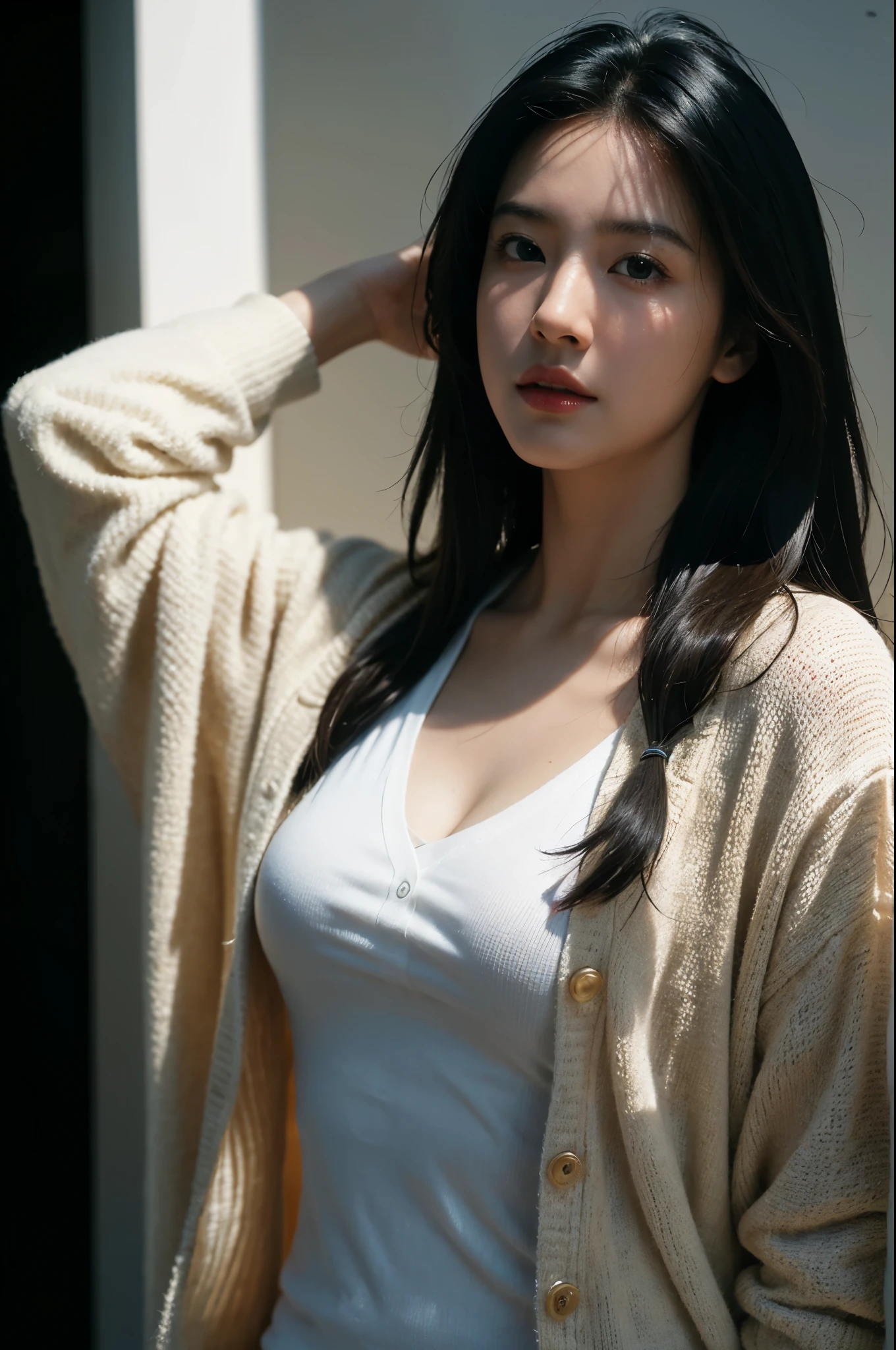 masterpiece, best quality, ultra high resolution (realism: 1.4), original photo, 35mm lens., F1 aperture.4, movie poster, light and shadow, female, white cardigan, long black hair, real skin, (skin detail: 1.3),