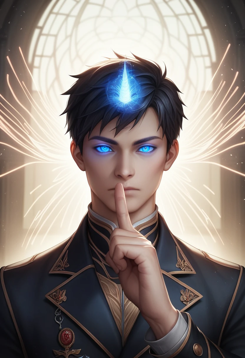 looking at viewer, ((1boy)), male focus, black hair, (detailed hair), ((very short hair)), half-closed eyes, (glowing eyes), blue eyes, outdoors, breaking, closed mouth, ((magic aura)), fantasy, black jacket, highres, superb, 8k wallpaper, extremely detailed, intricate, award-winning, hyper-detailed, hard lighting, intricate details, eyes focus, (illustration:1.1), highres, trending on artstation, ((dynamic pose)), upper body, manhwa, (((masterpiece))), (highest quality), ((perfect face)), very deep eyes, (cinematic lighting), detailed eyes, best quality, sidelight, highres, (intricate details), detailed finger