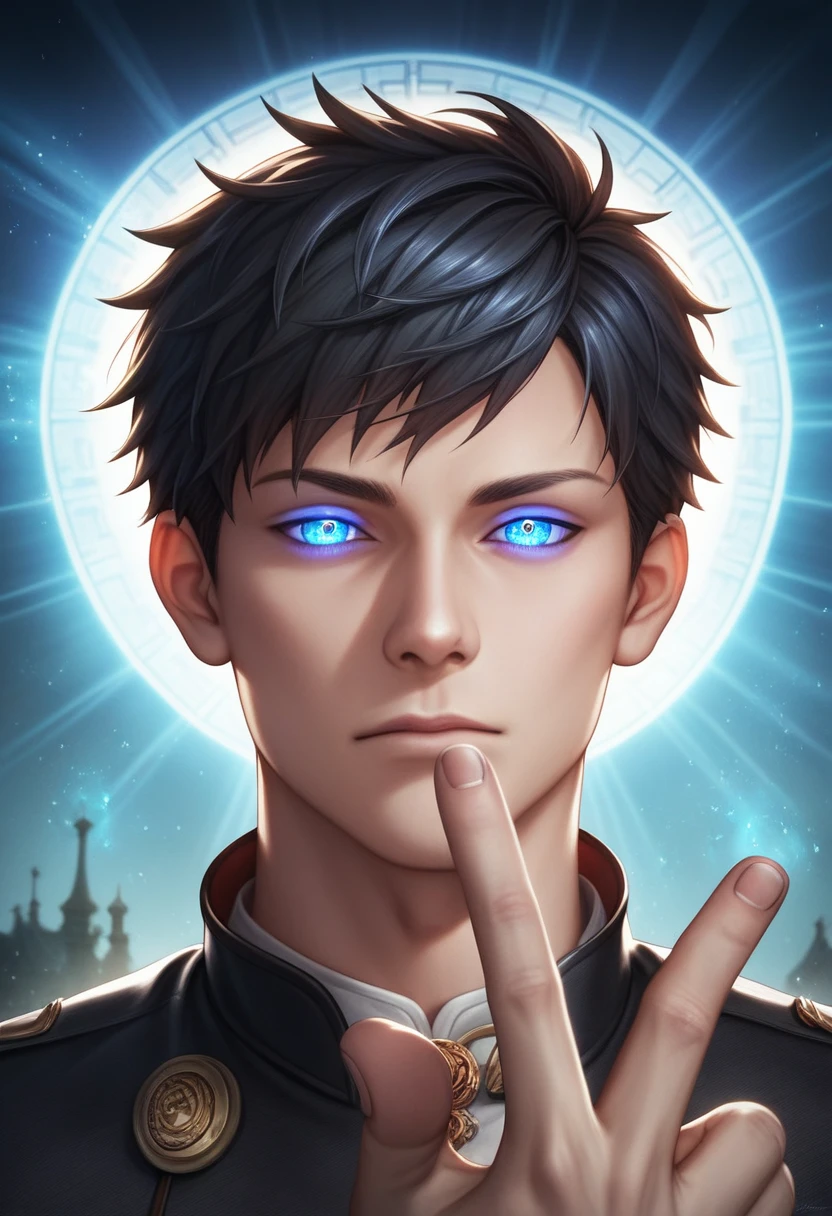 looking at viewer, ((1boy)), male focus, black hair, (detailed hair), ((very short hair)), half-closed eyes, (glowing eyes), blue eyes, outdoors, breaking, closed mouth, ((magic aura)), fantasy, black jacket, highres, superb, 8k wallpaper, extremely detailed, intricate, award-winning, hyper-detailed, hard lighting, intricate details, eyes focus, (illustration:1.1), highres, trending on artstation, ((dynamic pose)), upper body, manhwa, (((masterpiece))), (highest quality), ((perfect face)), very deep eyes, (cinematic lighting), detailed eyes, best quality, sidelight, highres, (intricate details), detailed finger