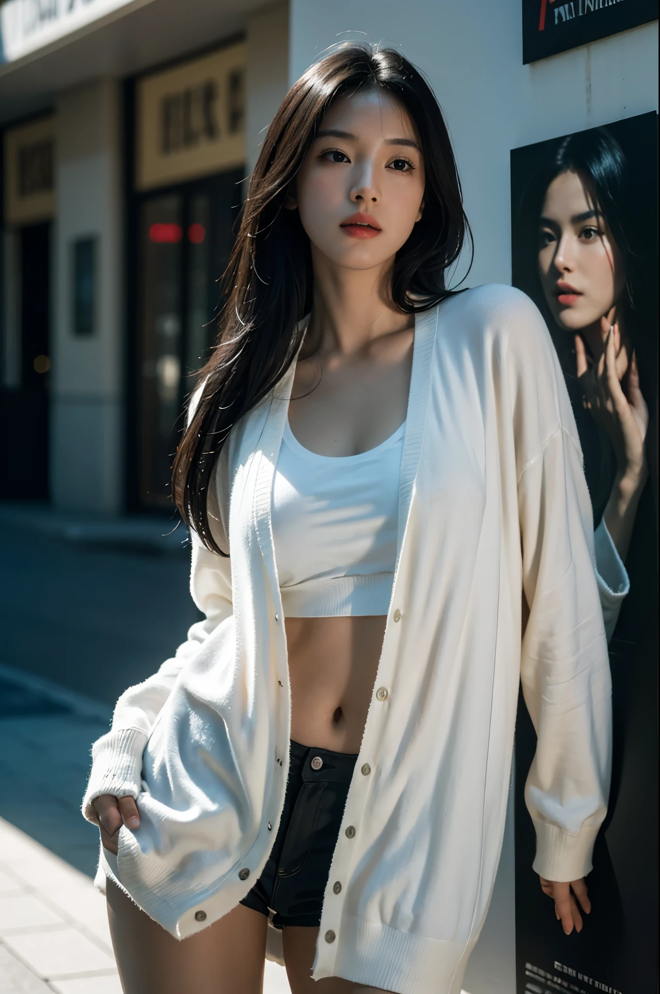 masterpiece, best quality, ultra high resolution (realism: 1.4), original photo, 35mm lens., F1 aperture.4, movie poster, light and shadow, female, white cardigan, long black hair, real skin, (skin detail: 1.3),