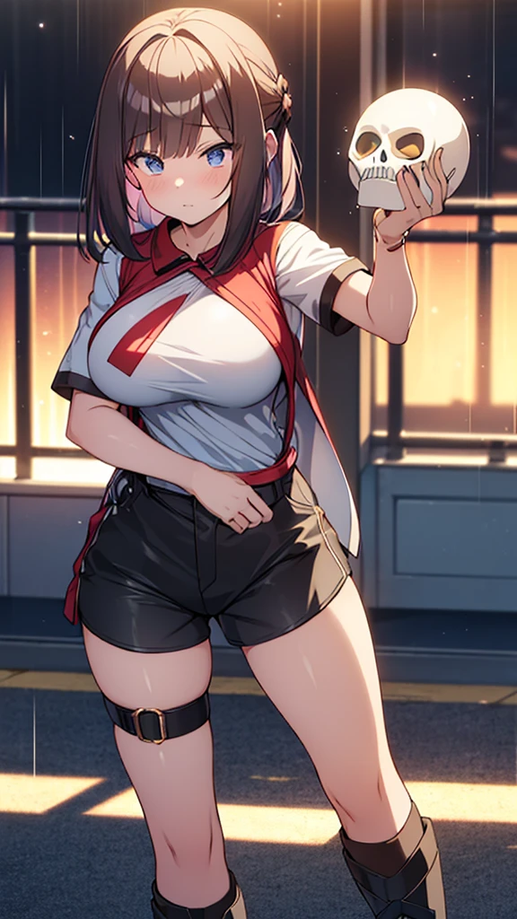 Full body image, front, One girl, 18-year-old, Mix 4, (32K, RAW Photos, Highest quality, masterpiece:1.2), (Anime-like, photoAnime-like:1.37), cute, カジュアルウェア, Short sleeve T-shirt,Shorts,Black knee socks, night, rain, Humidity, Professional Lighting, Photon Mapping, Radio City, Physically Based Rendering, Super Resolution, (Big Breasts:1.2), {{The biological weapon that had preyed on the younger sister took her place and reunited with the older brother, The rebellious little sister has become the obedient little sister}}, Girl Skull, whole body, NSFW
