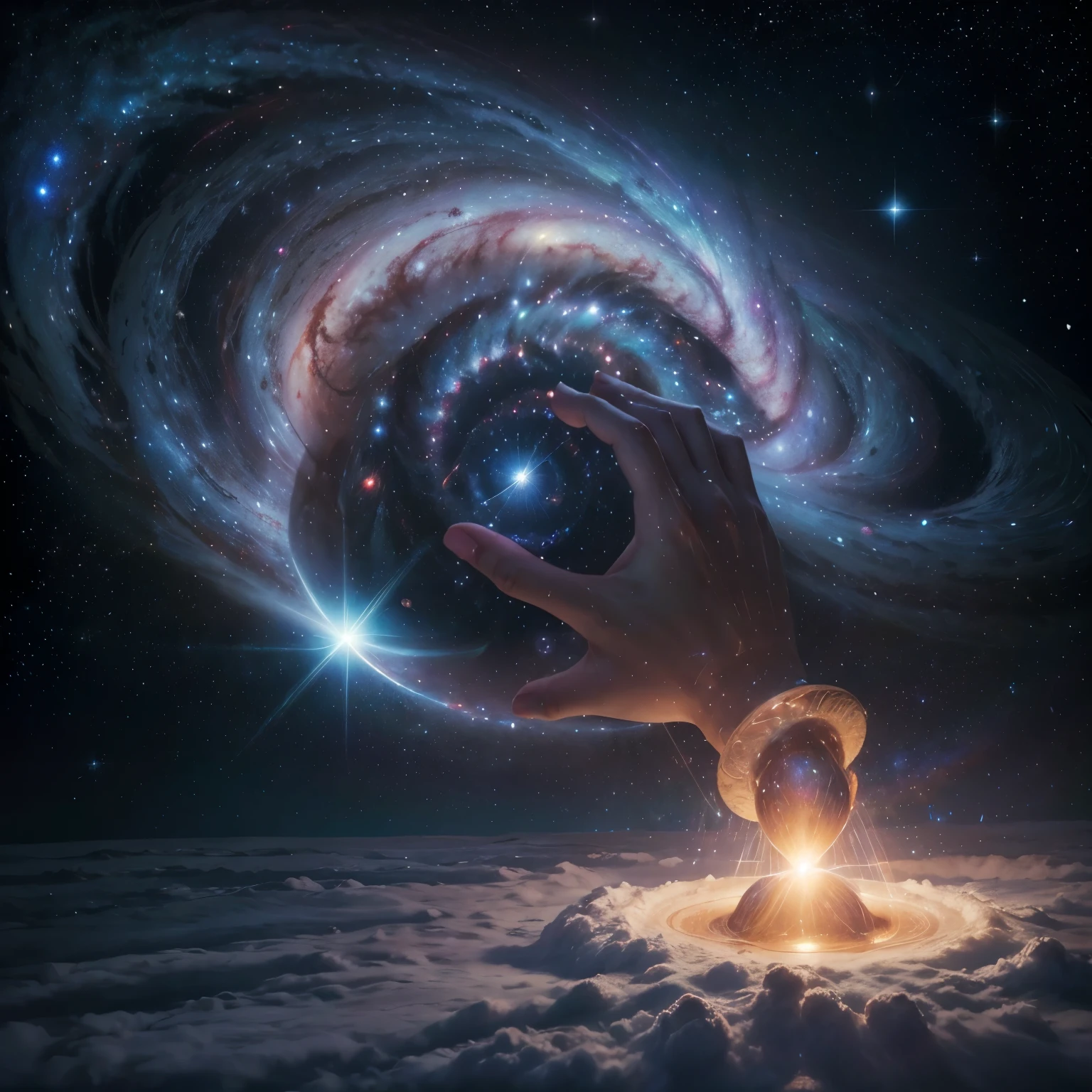 Illustrate a majestic, ethereal vision of God interacting with the universe. Show a divine figure, heavenly light surrounds me, touching stars and planets with a gentle touch. ao redor, include colorful spiral galaxies and nebulae, symbolizing creation and the vastness of the cosmos. The image should evoke reverence and admiration for the divine