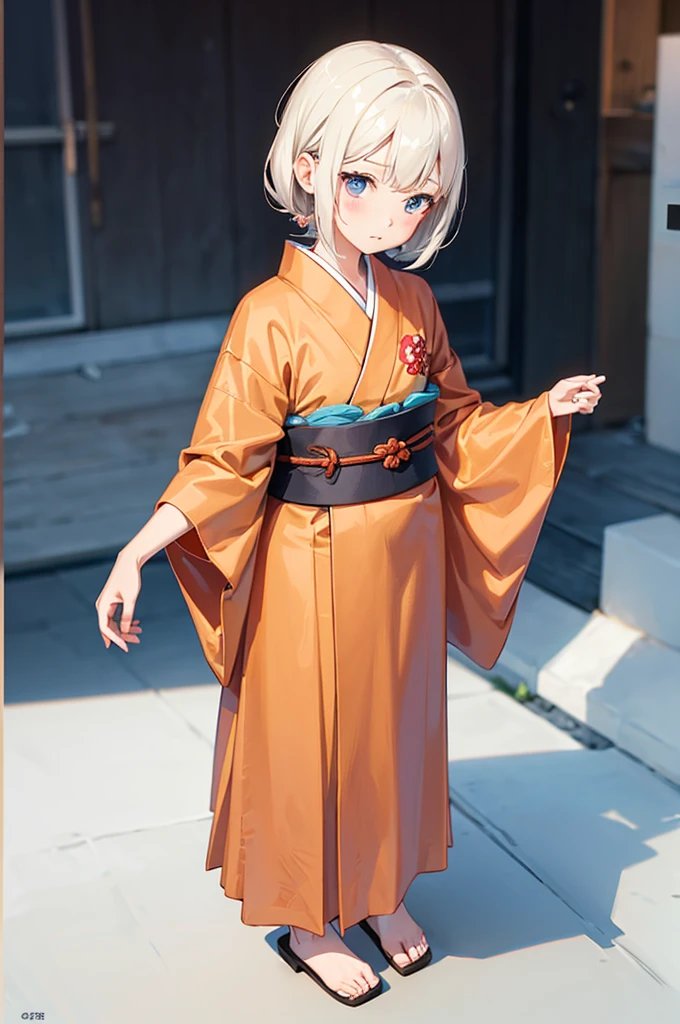 Wooden Humanoid Robot,Wood grain body,child女に似せて作られた,wear the kimono,child,児,Small,Illustrated,((Hand out a towel)),zoom in