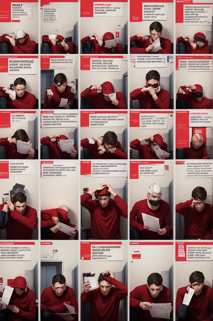 I want to create a comic strip, condemned in the first image the person has a headache and in the second he is holding a red block letter and our world takes a pill and then in the last comic he speaks well to his head
