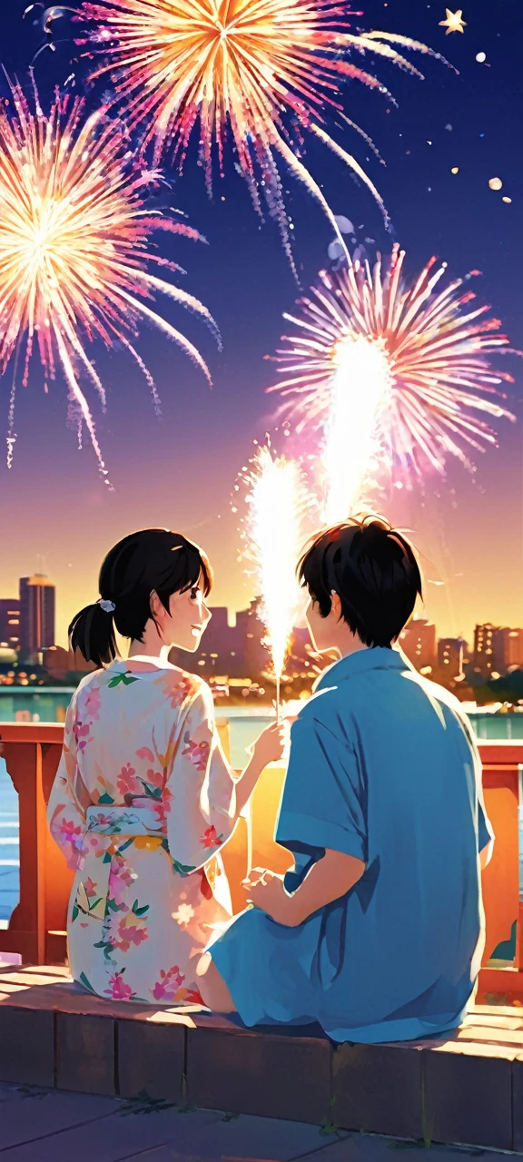【Prompt Theatre】today3Main!
Japanese summer fireworks festival, spectacular night sky filled with vibrant exploding fireworks, colorful bursts of red, gold, green, and blue, shimmering reflections on river surface, crowded riverbank with spectators in yukata and jinbei, families on picnic blankets, food stalls with lanterns, yakisoba and takoyaki vendors, children with sparklers, couples sharing cotton candy, bridge in background, distant city skyline, clear starry sky between fireworks, animated excited expressions on people's faces, detailed anime style illustration, dynamic composition capturing both fireworks and crowd, warm summer evening atmosphere --niji 6、(Real-life photos)、(High quality)