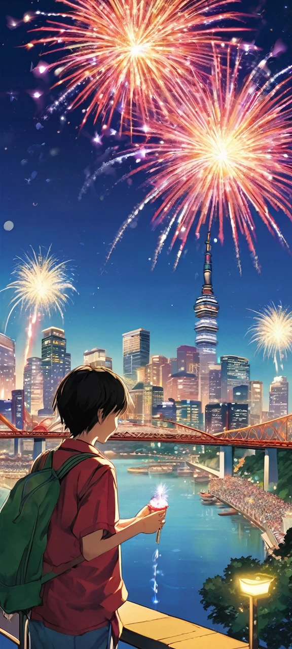【Prompt Theatre】today3Main!
Japanese summer fireworks festival, spectacular night sky filled with vibrant exploding fireworks, colorful bursts of red, gold, green, and blue, shimmering reflections on river surface, crowded riverbank with spectators in yukata and jinbei, families on picnic blankets, food stalls with lanterns, yakisoba and takoyaki vendors, children with sparklers, couples sharing cotton candy, bridge in background, distant city skyline, clear starry sky between fireworks, animated excited expressions on people's faces, detailed anime style illustration, dynamic composition capturing both fireworks and crowd, warm summer evening atmosphere --niji 6、(Real-life photos)、(High quality)