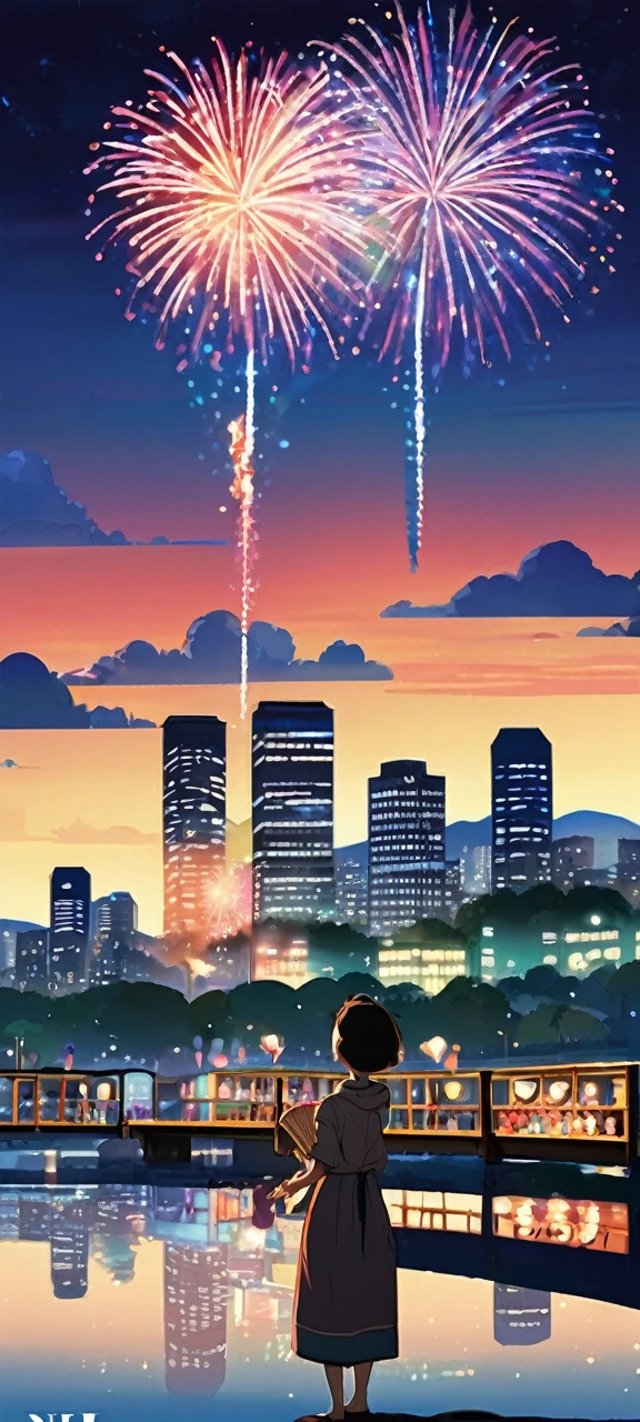 【Prompt Theatre】today3Main!
Japanese summer fireworks festival, spectacular night sky filled with vibrant exploding fireworks, colorful bursts of red, gold, green, and blue, shimmering reflections on river surface, crowded riverbank with spectators in yukata and jinbei, families on picnic blankets, food stalls with lanterns, yakisoba and takoyaki vendors, children with sparklers, couples sharing cotton candy, bridge in background, distant city skyline, clear starry sky between fireworks, animated excited expressions on people's faces, detailed anime style illustration, dynamic composition capturing both fireworks and crowd, warm summer evening atmosphere --niji 6、(Real-life photos)、(High quality)