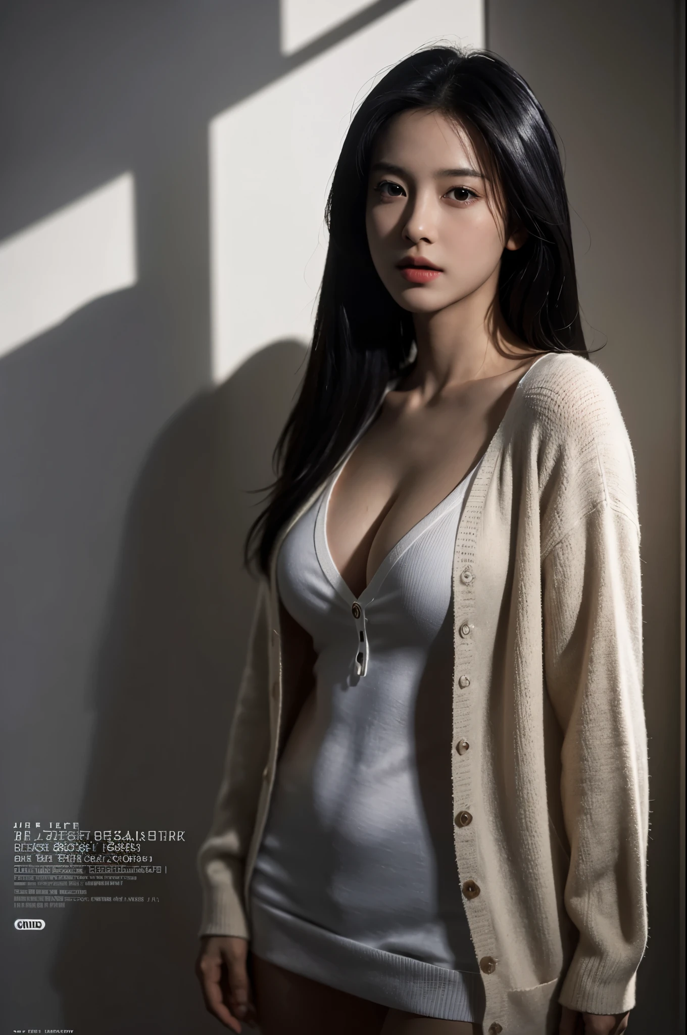 masterpiece, best quality, ultra high resolution (realism: 1.4), original photo, 35mm lens., F1 aperture.4, movie poster, light and shadow, female, a white cardigan, , The cleavage is visible, long black hair, real skin, (skin detail: 1.3),