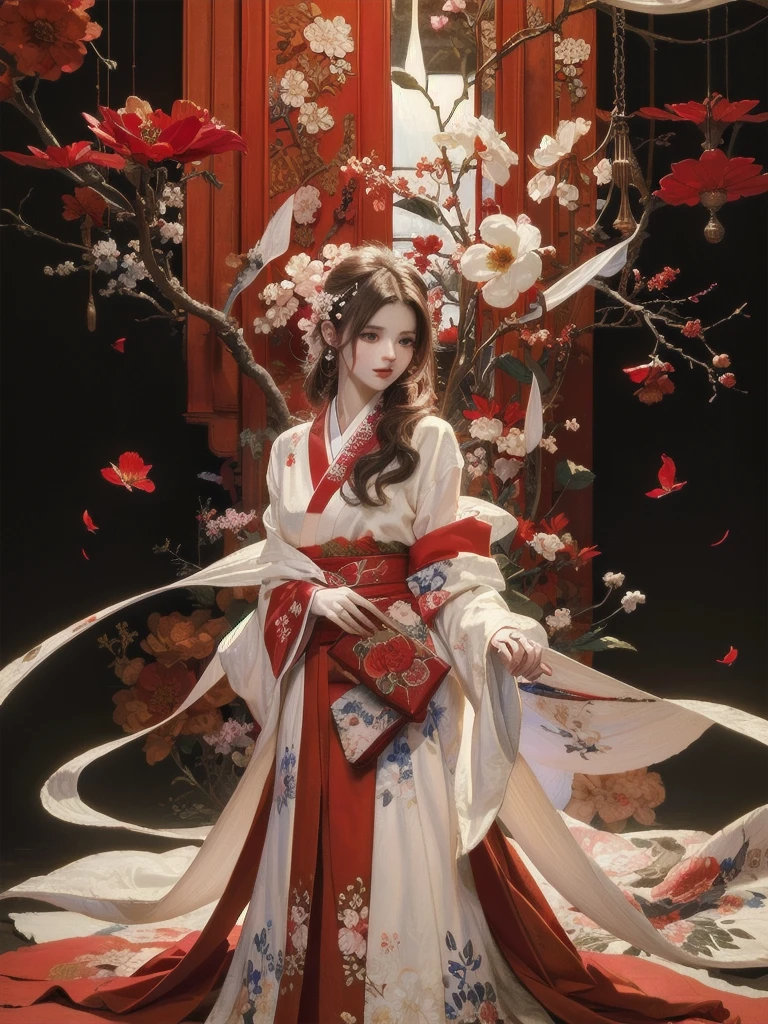 digital painting, anime-style, a beautiful young woman with long flowing white hair adorned with red flowers, wearing a traditional red and white kimono with intricate floral patterns, standing gracefully against a dramatic and ornate background filled with red and white floral motifs, vibrant and contrasting color scheme with dominant reds, detailed and elaborate designs, soft and ethereal lighting, serene and poised expression, high contrast, intricate details, elegant and captivating atmosphere, highly detailed, perfect lighting, vibrant colors, (masterpiece: 2), best quality, ultra highres, original, extremely detailed, perfect lighting
