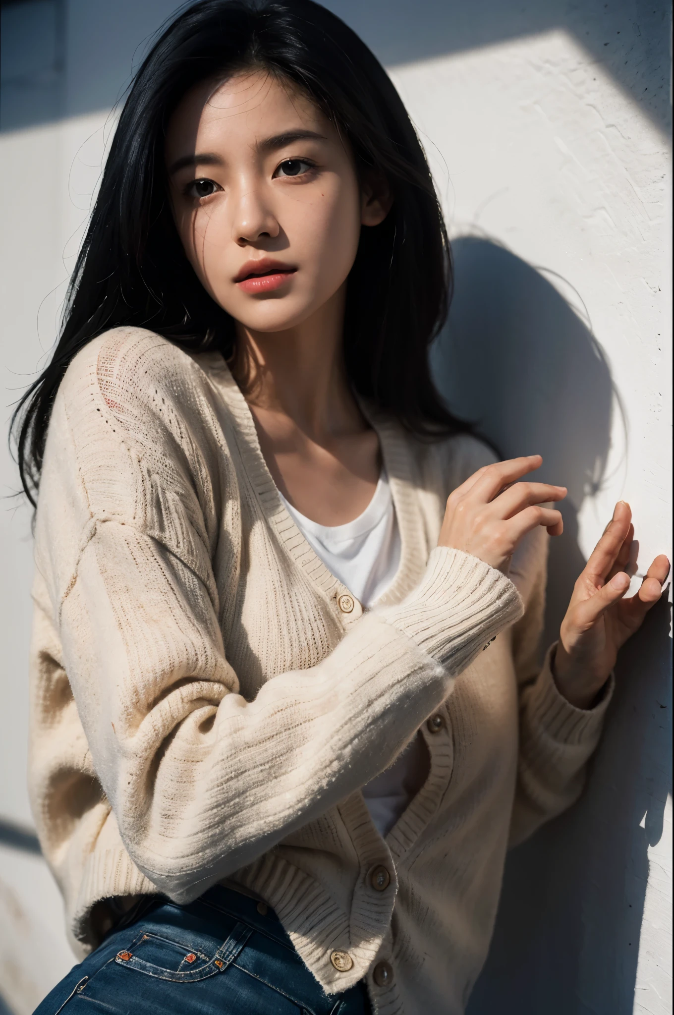masterpiece, best quality, ultra high resolution (realism: 1.4), original photo, 35mm lens., F1 aperture.4, movie poster, light and shadow, female, a white cardigan, , Cracks are visible, long black hair, real skin, (skin detail: 1.3),