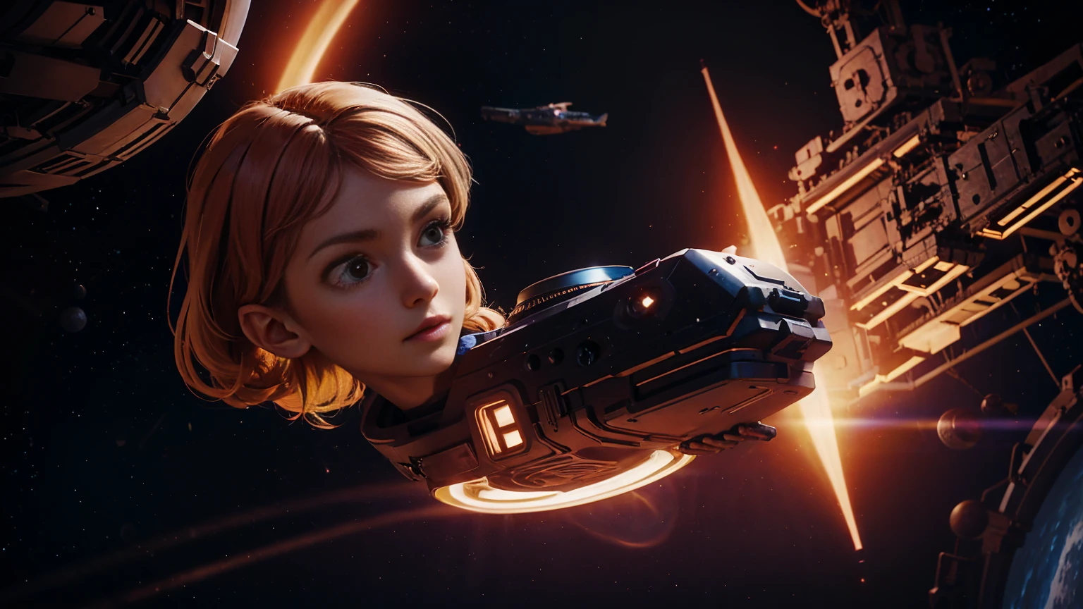 a teenager in a space capsule with a medallion around her neck, in the background a burning planet, ships flying in space, sci-fi styled
