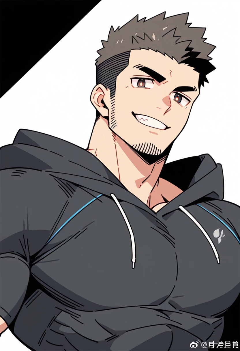 anime characters:Priapus, Black Black Skin Muscle Sports Student, Manliness, male focus, Sports tight hooded sweatshirt, Under Armour Brand, Wear a high-necked tights underneath, Very tight, Huge pectoral muscles, muscular male, muscular, Perfect muscular waist, only, Upper body, alone, Red short hair, Thick eyebrows, stubble, Brown-red pupils, White background, simple background, amazing quality, best aesthetics, Ridiculous, crew cut, smirk, bright pupils, grin, negative space, negative space, best quality
