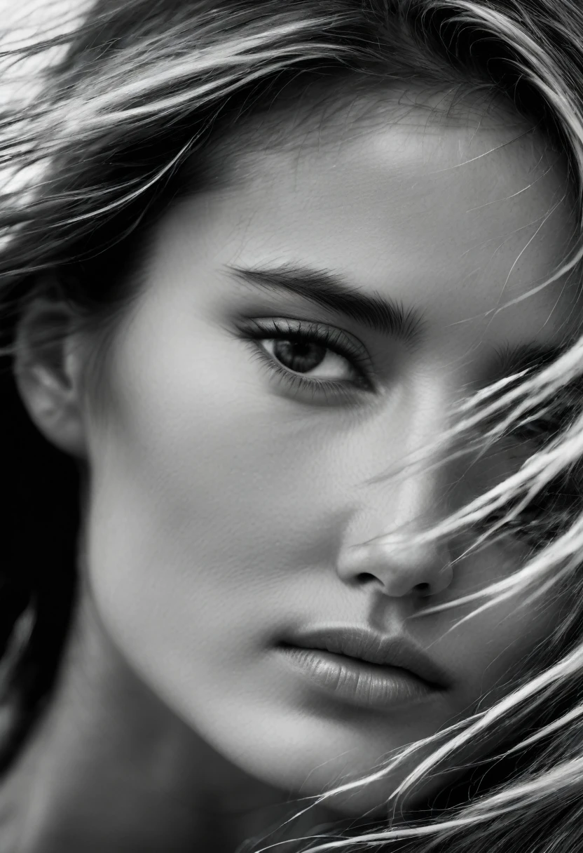 An extreme close up photo of a female model's face. Monochrome grainy image. Outside, coastal setting. Model is windswept, hair blown about. Looking direct to the camera. Detailed, high quality image. High contrast image,
