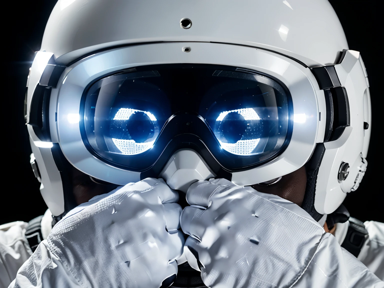 a man with a white helmet, with the lens of the helmet darkened, helmet with some details, blue laser eyes, framing only his head with the helmet and his hands with gloves touching the helmet, white gloves with details the same as the helmet, opaque image