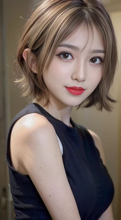 blush a little and smile, (Top quality masterpiece:1.2) Delicate illustrations, Very detailed, /Beautiful Japanese Women、1 person,Very cute and slim、Great style 、((8k images、super high quality))、Very delicate face, Big Breasts、Skin and Hair、beautifule forehead、Red lipstick、(((((short hair、Blonde、lure))))),Very cute Japanese cut face、Eyes and nose are clearly visible、Kind eyes,((((Black sleeveless fashion))))