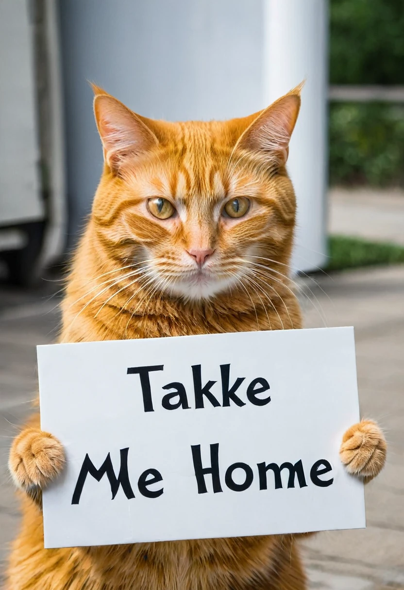 An orange cat holding a sign that reads "take me home"