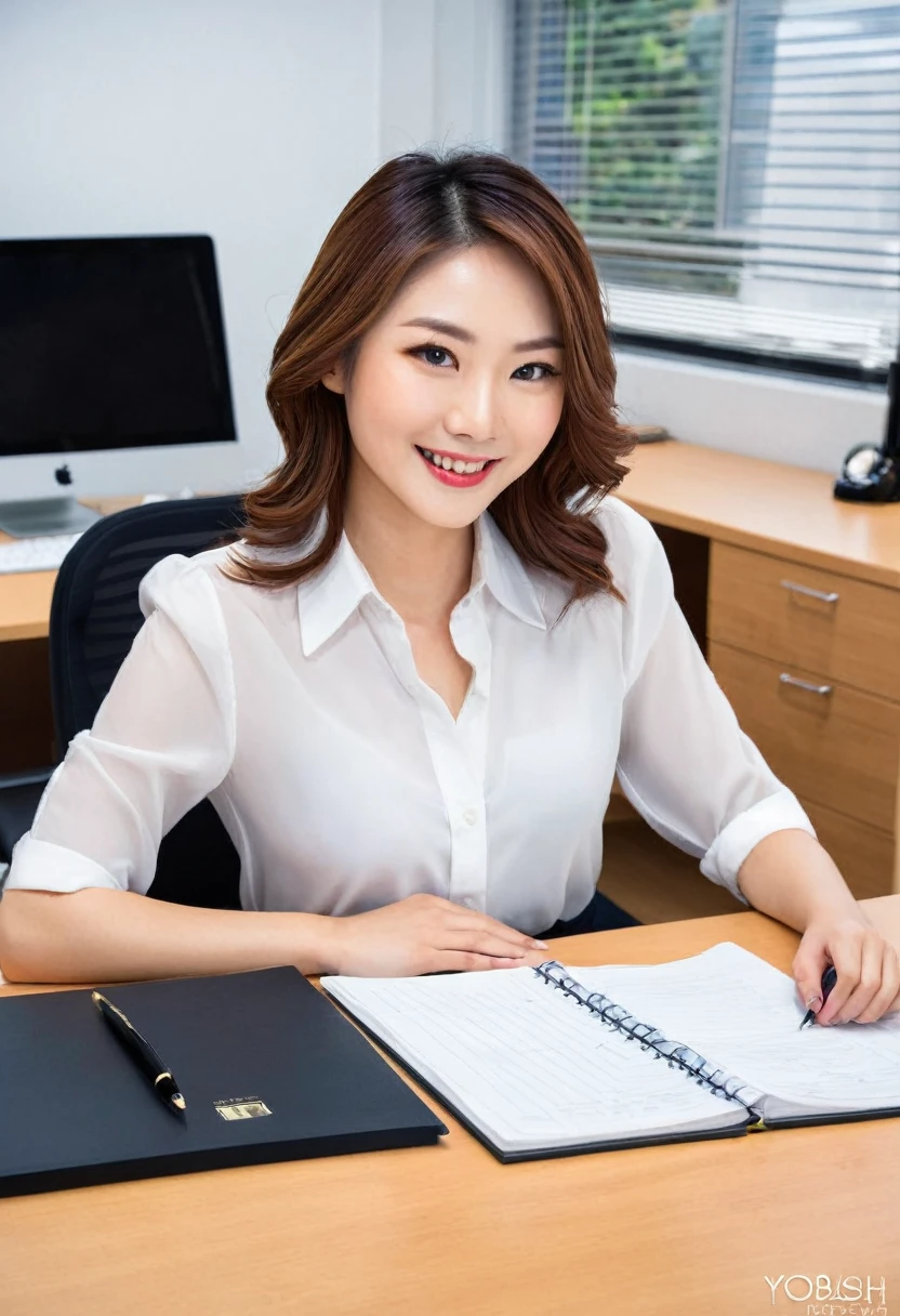 There are two people in the room, one is a woman and the other is a man, in the office, High definition, Ikuo Hirayama, Yoshitomo Nara, on desk, Tadashi Nakayama, smiling, beautiful  face,