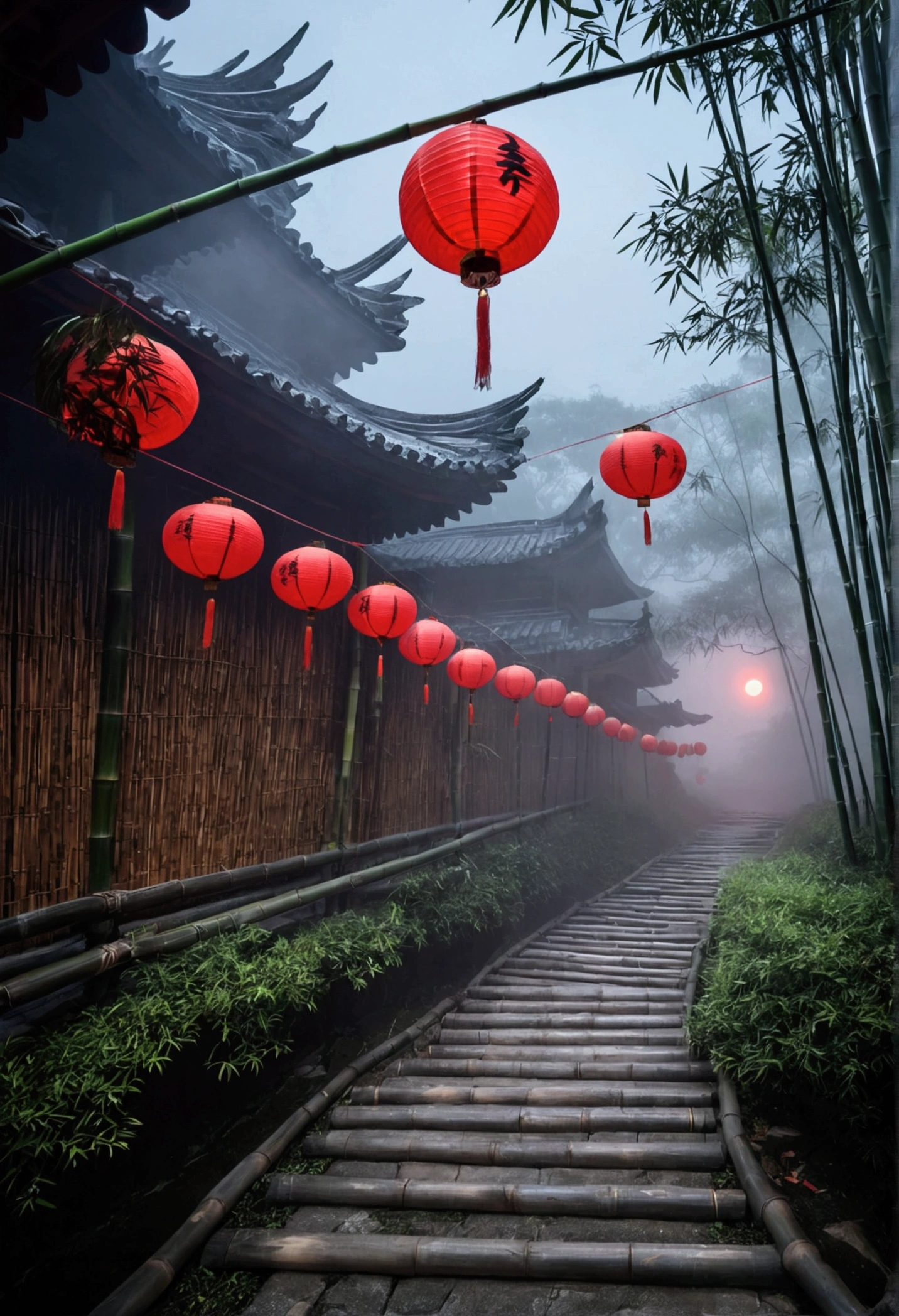 bamboo、A large square at the back of the screen、Lanterns leading to the square、Thick Fog、darkness、Red Moon