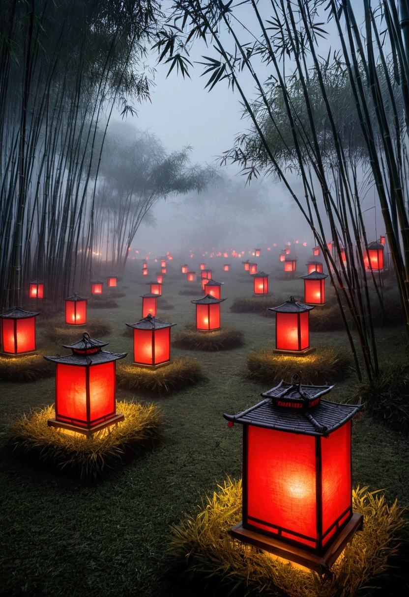 bamboo、A large square at the back of the screen、Lanterns leading to the square、Thick Fog、darkness、Red Moon