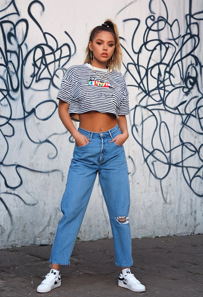 arafed woman in a striped shirt and jeans posing for a picture, an album cover by Emanuel Witz, tumblr, graffiti, baggy jeans, style of julia razumova, she is wearing streetwear, wearing a crop top, wearing a sexy cropped top, wearing crop top, y2k style, y 2 k style, hip hop style, bella poarch