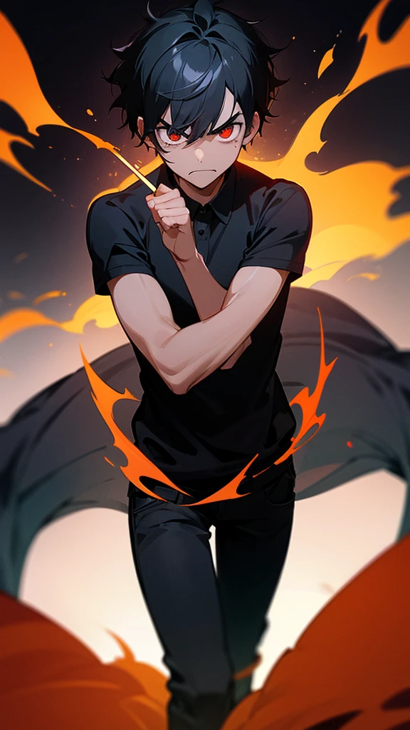black shirt, burning eyes, black hair, 1 boy, (masterpiece), whole body, Eyes shining brightly, angry, ((best quality))